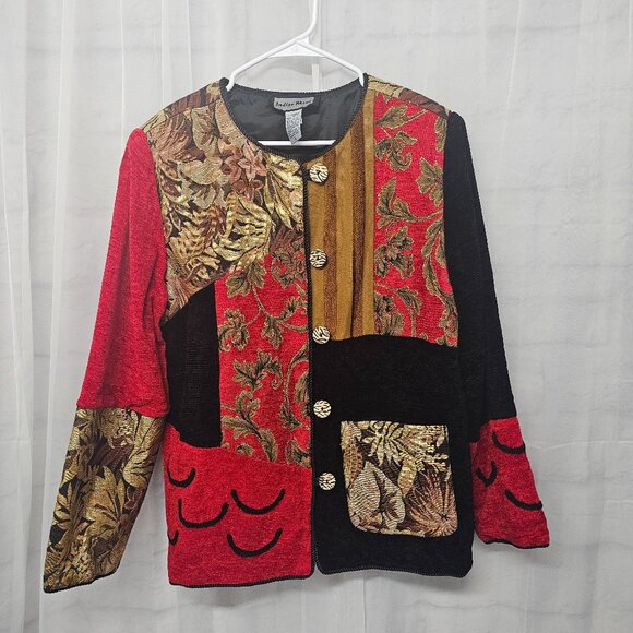 Indigo Jacket Artsy Red Black Tapestry Chenille Metallic Floral Mixed Media L - Picture 1 of 8